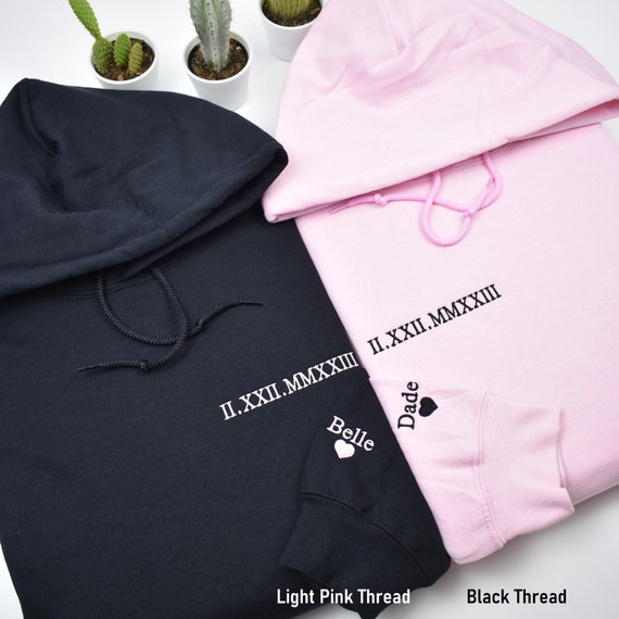 Custom Embroidered Roman Numeral Date | Personalized Initials Heart on Sleeves | Couple's Hoodies | Matching hoodies | Couples Gift