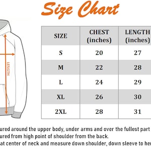 Embclothes size chart for custom embroidered sweatshirts, hoodies, matching outfits.