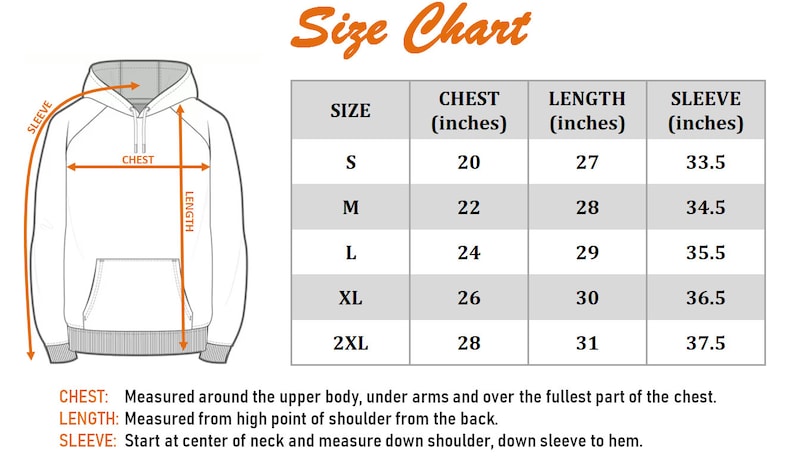 Embclothes size chart for custom embroidered sweatshirts, hoodies, matching outfits.
