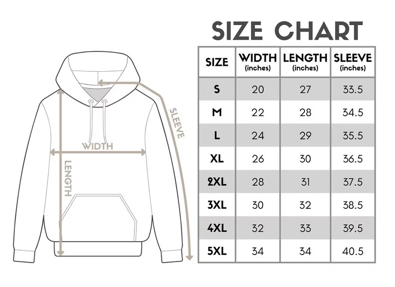 Embclothes size chart for custom embroidered sweatshirts, hoodies, matching outfits.