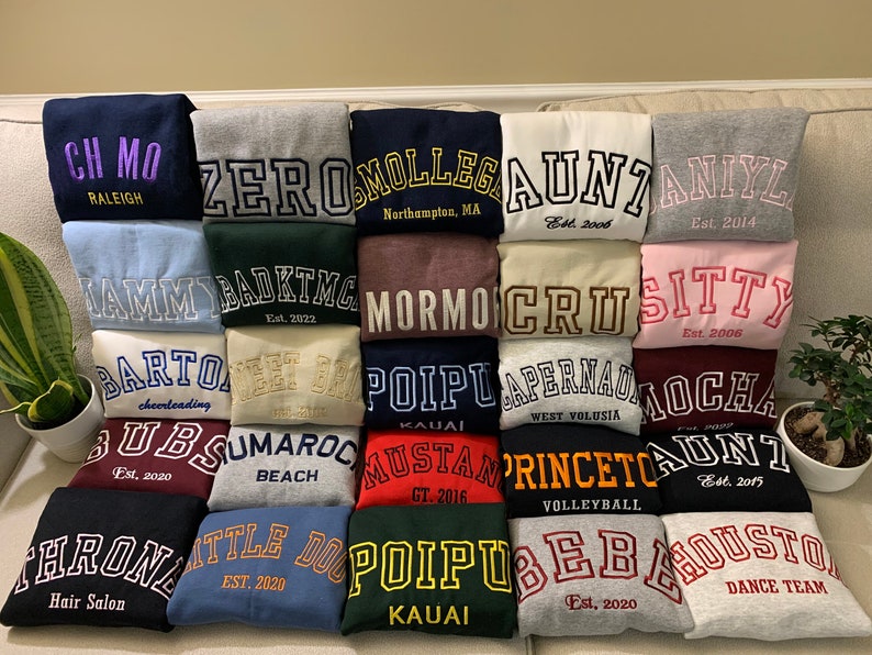 Embclothes personalized embroidered sweatshirts with custom fonts. Multiple choices for fonts and thread colors. Personalized your own embroidered sweatshirts. Perfect personalized gifts for dad, mom, grandpa, grandma...
