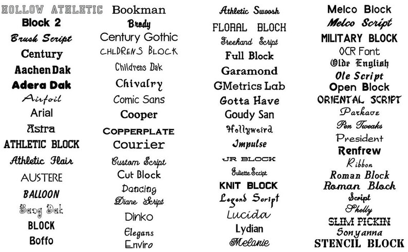 Embclothes font chart for custom embroidered sweatshirts, hoodies, matching outfits.