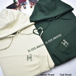 Roman Numeral custom embroidered crewneck with sleeve embroidery. Name and heart embroidered on sleeve forever in love. Sand and Forest Green matching colors. Perfect gifts for any occasions, couples, matching outfits.