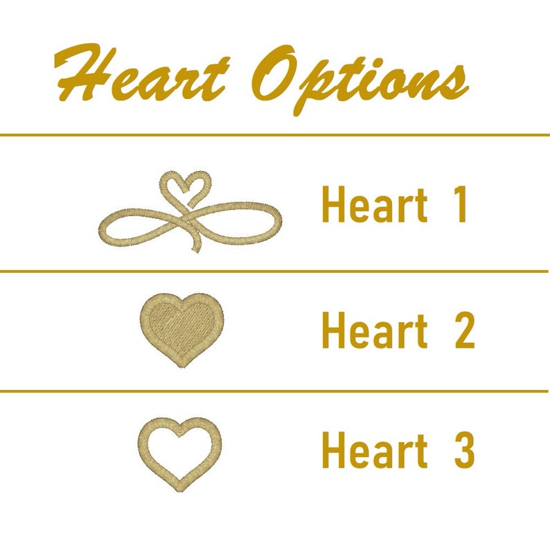 May include: Three different heart embroidery designs. Heart 1 is a stylized infinity symbol with a heart in the center. Heart 2 is a traditional heart shape. Heart 3 is a heart outline.