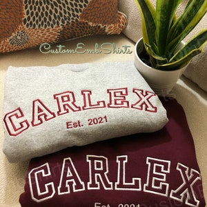 Custom embroidered sweatshirt with athletic font. CARLEX embroidered crewnecks with custom font embroidery. Gray sweatshirt with garnet thread and maroon sweatshirt with white thread. Perfect personalized gifts for dad, mom, grandpa, grandma...