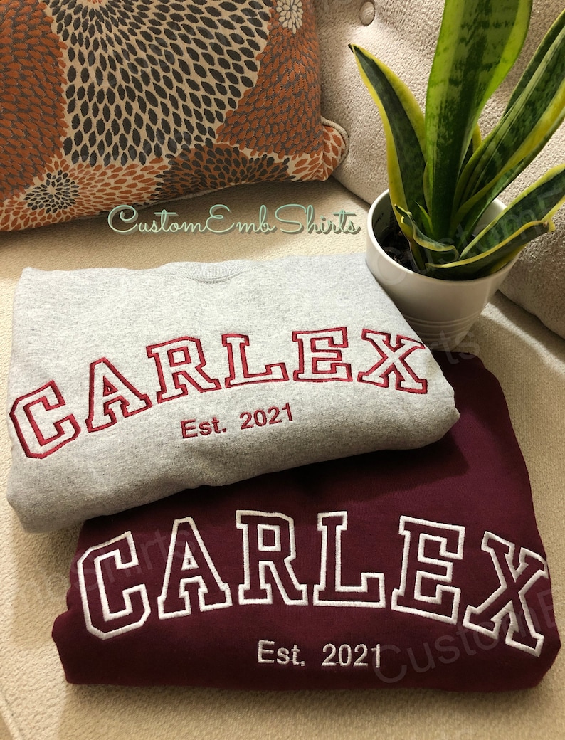 Custom embroidered sweatshirt with athletic font. CARLEX embroidered crewnecks with custom font embroidery. Gray sweatshirt with garnet thread and maroon sweatshirt with white thread. Perfect personalized gifts for dad, mom, grandpa, grandma...