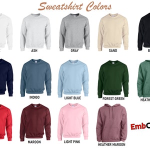 Embclothes color chart for custom embroidered sweatshirts, hoodies, matching outfits.