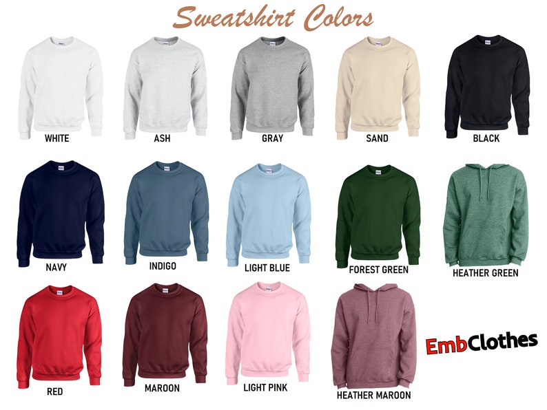 Embclothes color chart for custom embroidered sweatshirts, hoodies, matching outfits.