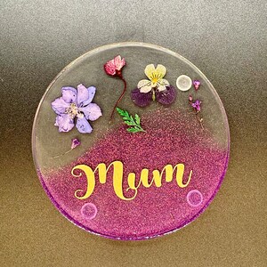 Handmade Resin Coaster: Dried Flowers, Mum/Nan Gift Mum purple