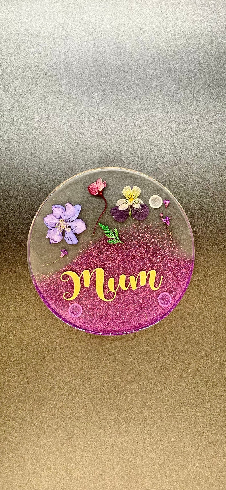 Handmade Resin Coaster: Dried Flowers, Mum/Nan Gift Mum purple
