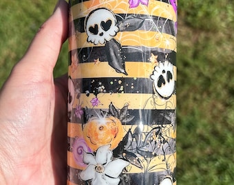 Striped Halloween Tumbler - Halloween Spider Webs and Skulls Resin 20oz Skinny Straight Tumbler - Ready to Ship