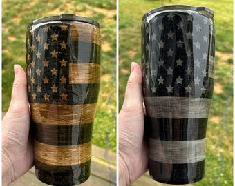 American Flag Curved Tumblers - Wood Grain in Grey and Brown in 20oz and 30oz Curved Tumblers - Custom Made