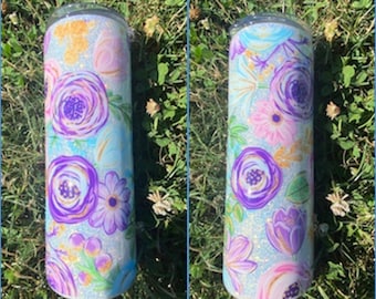 Purple Floral Glitter Resin 20oz Skinny Straight Tumbler
