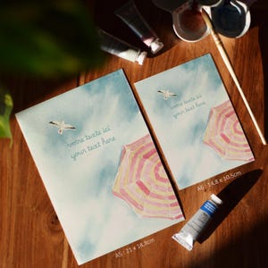 Carte de vœux - Aquarelle plage – Illustration parasol et ciel d’été – Personnalisable – Format A5 ou A6 – Ambiance vacances été