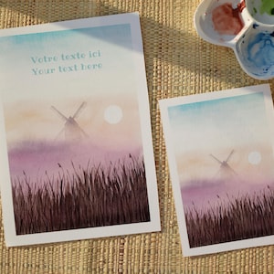 Carte aquarelle moulin – Brume et herbes hautes – Illustration douce et personnalisable – Format A5 ou A6 – Déco poétique nature