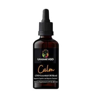 May include: A brown glass bottle with a black dropper top and a black label. The label says "Unravel ASD Calm CDD Essential Oil Blend Supports Cognitive and Digestive Function* Dietary Supplement | 2 Fl Oz (60 mL)"