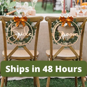 Bride and Groom Wedding Chair Sign with Personalized Date | Wedding Chair Sign for Wedding Receptions | Decorative Maple Wedding Chair Sign