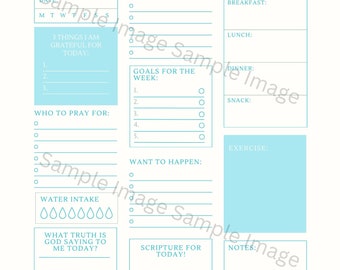 Puede incluir: Un planificador diario turquesa y blanco con el texto "Today's Plan" en escritura elegante. Incluye secciones para "Necesidades por hacer", "Metas de la semana" y "Escritura para hoy". También incluye citas inspiradoras y versículos bíblicos.