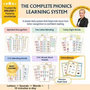 Puede incluir: El sistema completo de aprendizaje de fonética incluye tarjetas educativas para el reconocimiento del alfabeto, combinación de dos letras, palabras visuales, combinación CVC y vocales cortas, con un sello dorado y tarjetas de bonificación.