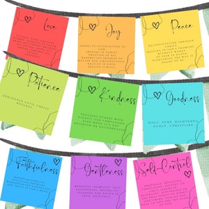 May include: Nine colourful paper flags with hearts and black script text. The flags are strung together with a string. The text on the flags reads: Love, Joy, Peace, Patience, Kindness, Goodness, Faithfulness, Gentleness, Self-Control.