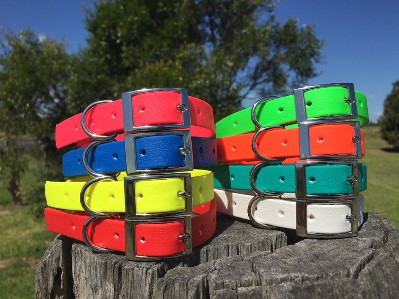 May include: Stacks of colorful dog collars in various shades, including red, blue, yellow, green, orange, and white. Each collar features a silver-colored buckle and a D-ring for leash attachment. The collars are displayed on a weathered wooden surface.
