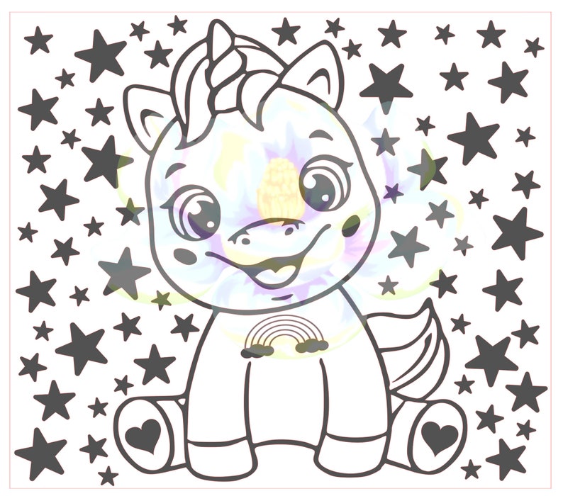 May include: A black and white cartoon illustration of a unicorn with a rainbow on its chest. The unicorn is sitting on a white background with black stars.