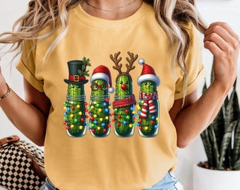Comfort Colors Christmas Pickle Shirt, Xmas Lights Pickle Tee, Cute Pickles Xmas Gift, Pickles Jars Xmas Tee, Festive Pickle Lovers Shirt