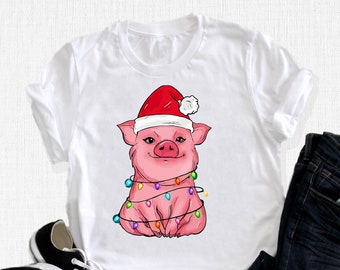 Pig Christmas Shirt, Christmas Farm T-Shirt, Pig Lover Gift, Funny Pig Outfit, Christmas Gift, Cute Pig Xmas Tee, Christmas Light Apparel