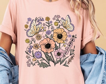 Vintage Retro Monarch Butterfly Shirt, Wildflower Shirt, Vintage Boho Butterfly T-Shirt, Botanical Butterfly Tee, Floral Shirt