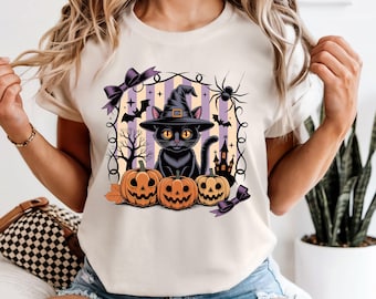 Comfort Colors Witchy Black Cat Halloween Shirt, Spooky Season T-Shirt, Cute Black Cat Pumpkin Tee, Witch Cat Lover Gift, Cute Halloween Tee