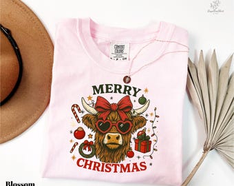 Comfort Colors Cute Highland Cow Shirt, Christmas Cow Lover Tee, Merry Xmas Gift, Funny Farm Life Tee, Xmas Party Shirt, Vintage Holiday Tee