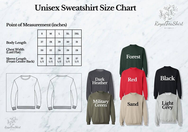 Puede incluir: Tabla de tallas de sudadera unisex con medidas en pulgadas. La tabla muestra la longitud del cuerpo, el ancho del pecho y la longitud de la manga para las tallas S, M, L, XL y 2XL. La tabla est&aacute; acompa&ntilde;ada de im&aacute;genes de sudaderas en varios colores, incluyendo verde bosque, gris oscuro jaspeado, rojo, negro, verde militar, arena y gris claro.