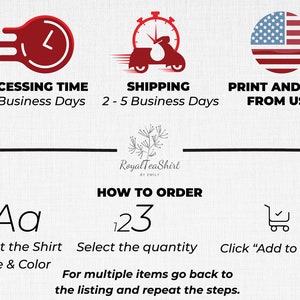 May include: Graphic showing how to order a shirt.  Select the shirt size and color, then select the quantity and click "Add to Cart".  The graphic also includes information about processing time, shipping time, and that the shirt is printed and shipped from the USA.