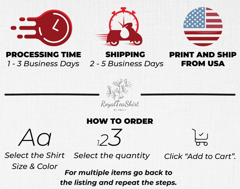 May include: Graphic showing how to order a shirt.  Select the shirt size and color, then select the quantity and click "Add to Cart".  The graphic also includes information about processing time, shipping time, and that the shirt is printed and shipped from the USA.