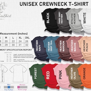 K&ouml;nnte beinhalten: Unisex-Rundhals-T-Shirt Gr&ouml;&szlig;entabelle mit Ma&szlig;en in Zoll. Die Tabelle zeigt Brustumfang und K&ouml;rperl&auml;nge vom h&ouml;chsten Schulterpunkt (HPS) f&uuml;r die Gr&ouml;&szlig;en S, M, L, XL und XXL. Die Tabelle zeigt auch die Brustweite f&uuml;r jede Gr&ouml;&szlig;e. Das Bild zeigt eine Vielzahl von T-Shirt-Farben, darunter Schwarz, Wei&szlig;, Heather Navy, Heather Deep Teal, Heather Maroon, Heather Mauve, Heather Peach, Heather Olive, Forest, Rot, Pink und Orange.