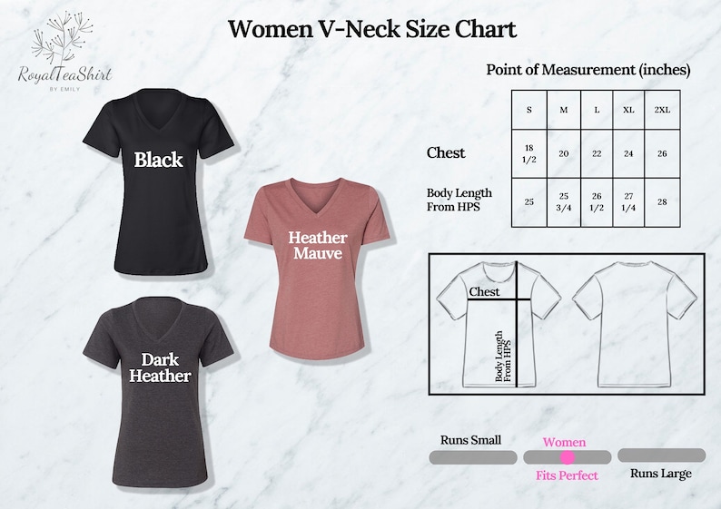 Puede incluir: Tabla de tallas para camisetas de cuello en V para mujer. La tabla muestra las medidas en pulgadas para el pecho y la longitud del cuerpo desde el punto m&aacute;s alto del hombro. La tabla incluye las tallas S, M, L, XL y 2XL. La tabla tambi&eacute;n incluye tres opciones de color de camiseta: negro, gris oscuro y gris jaspeado.