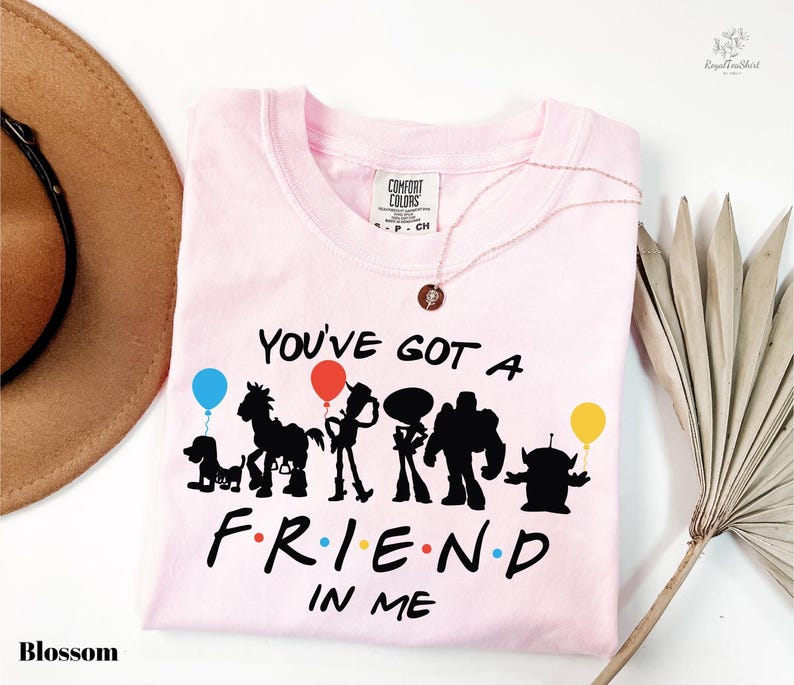 A pink t-shirt with a graphic design featuring silhouettes of characters from the TV show Toy Story, along with the text "You've Got a Friend in Me". The t-shirt is displayed on a white background, accompanied by a brown hat and a palm frond.