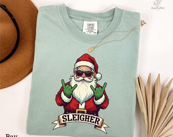 Sleigher Santa Xmas T-shirt, Funny Metal Christmas Rock T-shirt, Rock n Roll Christmas Shirt, Metal Santa Claus Gift Tee, Comfort Colors