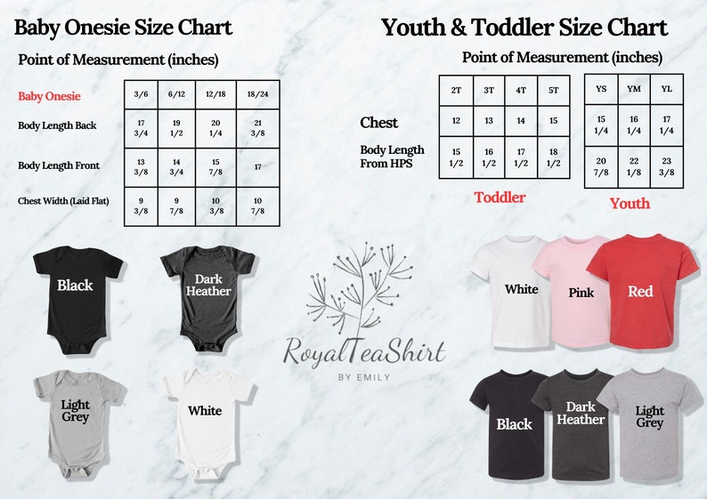 Puede incluir: Tabla de tallas para bodies de beb&eacute; y camisetas para ni&ntilde;os y beb&eacute;s. La tabla muestra las medidas en pulgadas para las diferentes tallas, incluyendo la longitud del cuerpo, el ancho del pecho y la circunferencia del pecho. La tabla tambi&eacute;n incluye una representaci&oacute;n visual de las diferentes tallas con ejemplos de los colores disponibles.