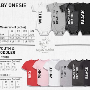 K&ouml;nnte beinhalten: Gr&ouml;&szlig;entabelle f&uuml;r Baby-Bodys, Jugend- und Kleinkind-Shirts. Die Tabelle zeigt die Ma&szlig;e in Zoll f&uuml;r Brustweite, R&uuml;ckenl&auml;nge und Vorderl&auml;nge. Die Tabelle zeigt auch die verf&uuml;gbaren Farben f&uuml;r jede Gr&ouml;&szlig;e: Wei&szlig;, Athletik-Heather, Dunkelgrau-Heather, Schwarz, Rot, Pink.