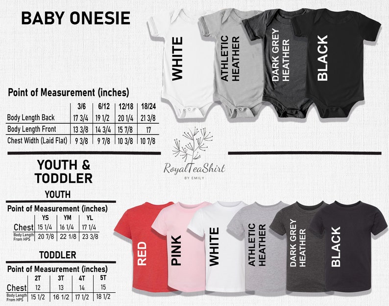 K&ouml;nnte beinhalten: Gr&ouml;&szlig;entabelle f&uuml;r Baby-Bodys, Jugend- und Kleinkind-Shirts. Die Tabelle zeigt die Ma&szlig;e in Zoll f&uuml;r Brustweite, R&uuml;ckenl&auml;nge und Vorderl&auml;nge. Die Tabelle zeigt auch die verf&uuml;gbaren Farben f&uuml;r jede Gr&ouml;&szlig;e: Wei&szlig;, Athletik-Heather, Dunkelgrau-Heather, Schwarz, Rot, Pink.