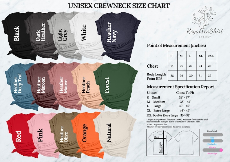 Puede incluir: Tabla de tallas para camiseta de cuello redondo unisex con una variedad de colores, incluyendo negro, blanco, rojo, rosa, naranja, verde bosque, azul marino, gris jaspeado, marr&oacute;n jaspeado, melocot&oacute;n jaspeado, oliva jaspeado, azul teal jaspeado y malva jaspeado. La tabla muestra las medidas de pecho y largo de cuerpo en pulgadas para las tallas S, M, L, XL y XXL.