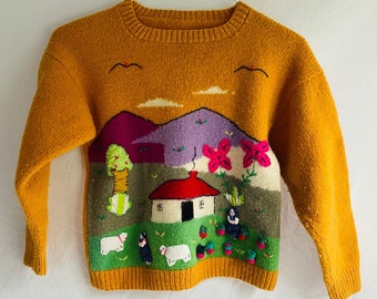 Vintage Children's Wool Sweater Handknit Mustard Farm House Size Medium