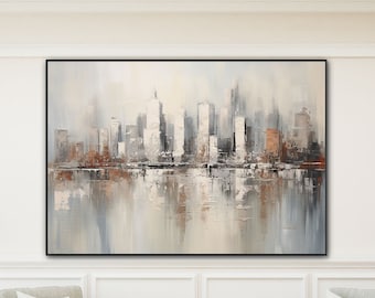 Abstract City, 100% Handmade, Horizon, Skyline, Textured Painting, Acrylic Oil Painting, Wall Decor Living Room, Office Wall Art YT718