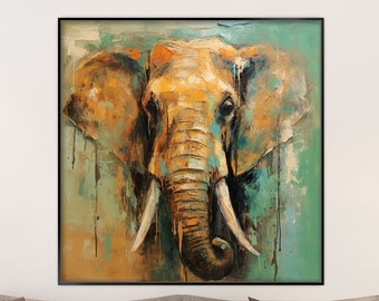 Elephant, 100% Handmade, Green and Orange, Animal Painting, Acrylic Abstract Oil Painting, Wall Decor Living Room, Office Wall Art KT1036