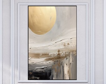 Golden Moon, 100% Handmade, Gold and Beige, Black and White, Acrylic Abstract Oil Painting, Wall Decor Living Room, Office Wall Art DT012