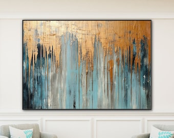 Abstract Art, 100% Handmade, Gold and Blue, Textured Painting, Acrylic Abstract Oil Painting, Wall Decor Living Room, Office Wall Art YT219