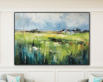 Green Meadows, 100% Handmade, Countryside, Blue Sky, Rural Art, Acrylic Abstract Oil Painting, Wall Decor Living Room, Office Wall Art YT204