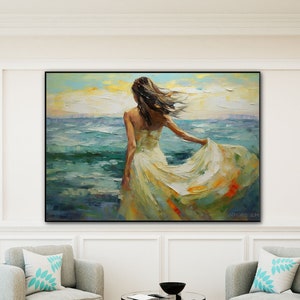 Woman in White Dress Walking into Ocean, 100% Handmade, Textured Art, Acrylic Abstract Oil Painting, Sea, Waves, Blue, YT099 image 1