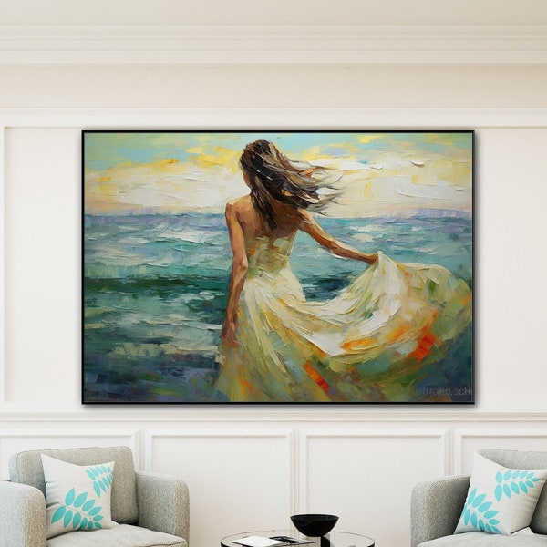Donna in abito bianco che cammina nell'oceano, 100% fatto a mano, arte strutturata, pittura a olio astratta acrilica, mare, onde, blu, YT099